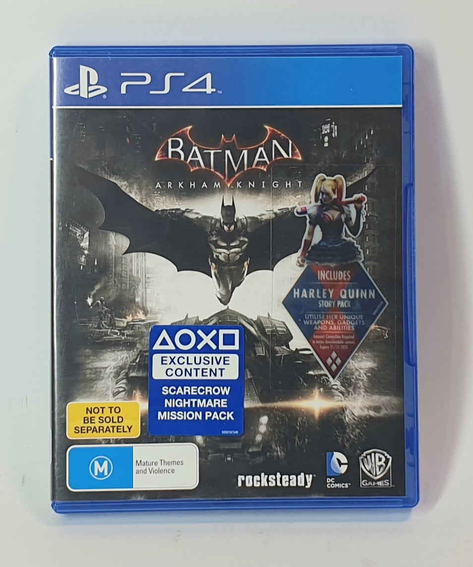 PlayStation 4 game case for 'Batman: Arkham Knight' with character images and PlayStation logos. Includes Harley Quinn