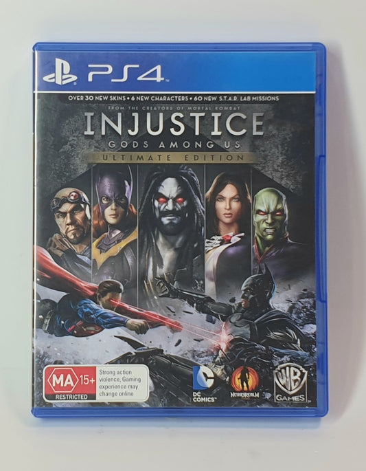 PlayStation 4 game case for 'Injustice: Gods Among Us Ultimate Edition' on a white background