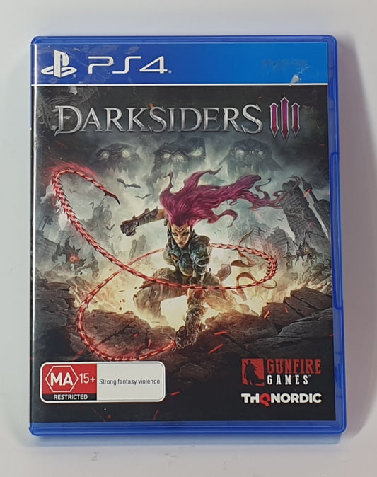 PlayStation 4 game case for 'Darksiders III' with a dark fantasy design.
