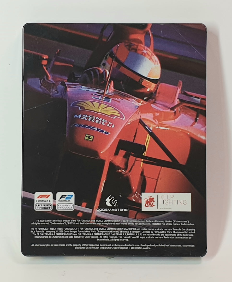 Ferrari F1 car on a game case with branding and logos.