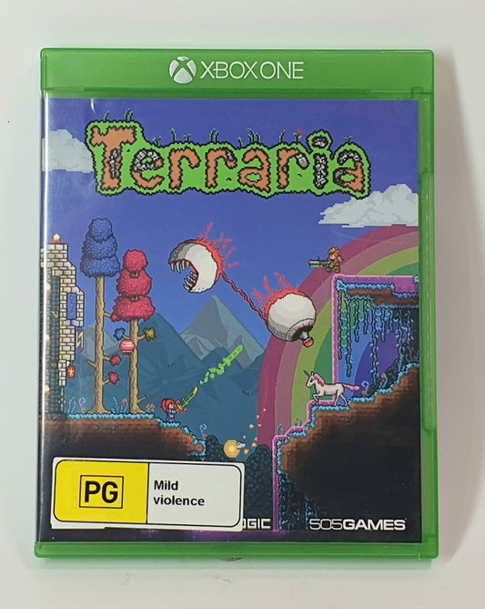 Terraria game case for Xbox One with colorful graphics and PG rating label.