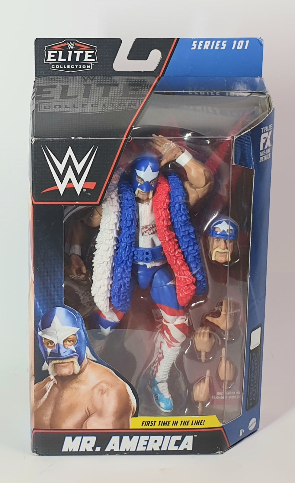 WWE Elite Mr. America action figure packaging on a white background
