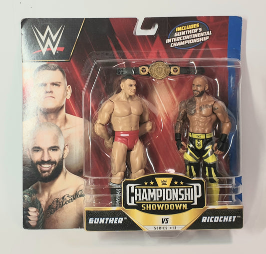 WWE wrestling action figures in packaging with Gunther and Ricochet on a white background