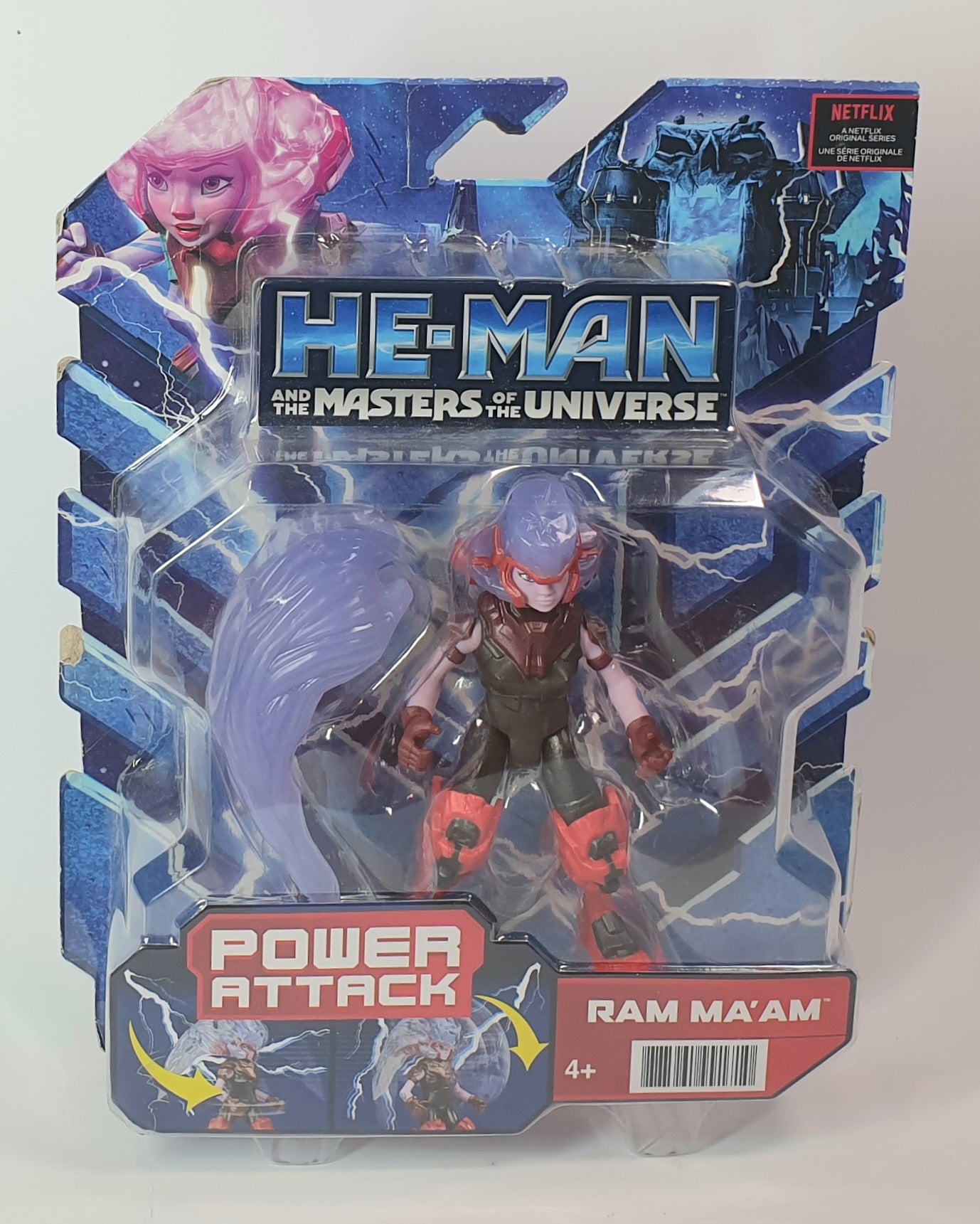 Action figure packaging for 'He-Man and Masters of the Universe' with character illustration on a white background