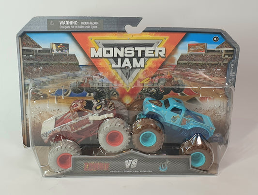 Monster Jam toy truck set in packaging with two trucks facing each other. Zombie VS Whiplash