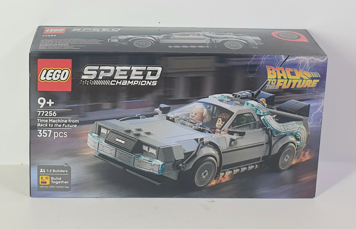 LEGO Speed Champions Back to the Future time machine set packaging on a white background