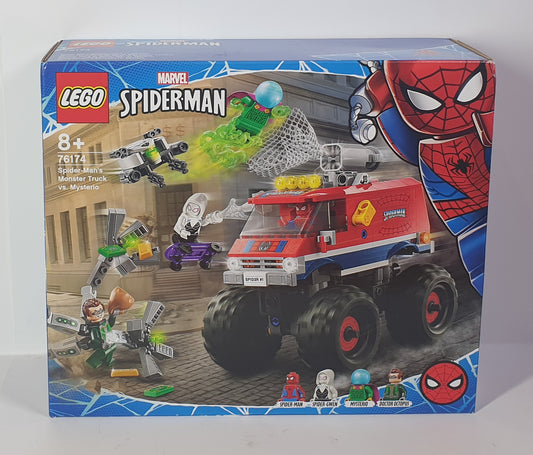 LEGO Spider-Man Monster Truck set packaging with toy figures and vehicle on a white background