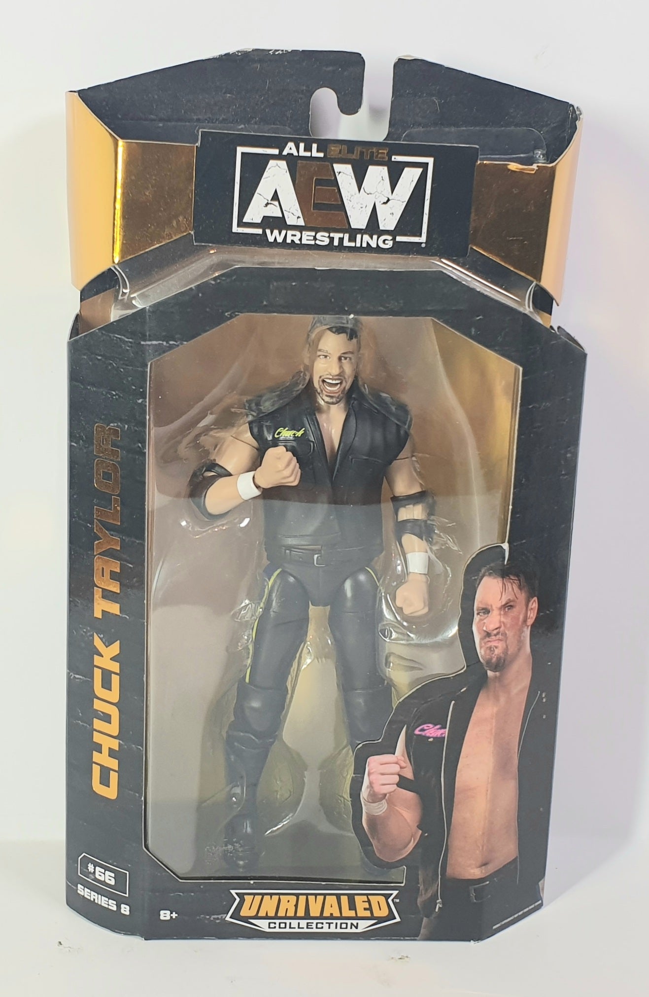 Wrestling figure in packaging with 'All Super A.W. Wrestling' branding